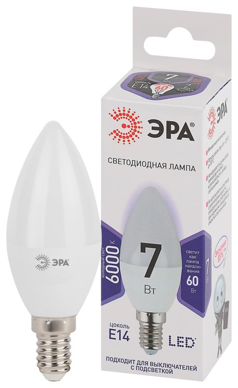 купить Лампа светодиодная Е14 Эра  7Вт 6000К 560Лм свеча с доставкой