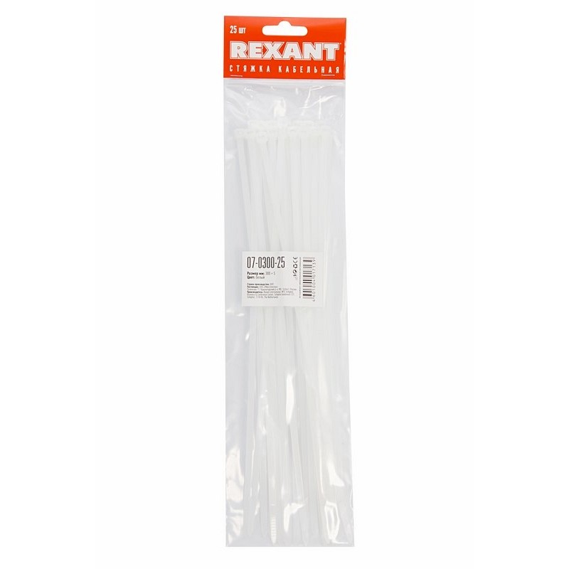 купить Хомут-стяжка нейлон 3,6х250 белый  (25шт) Rexant с доставкой